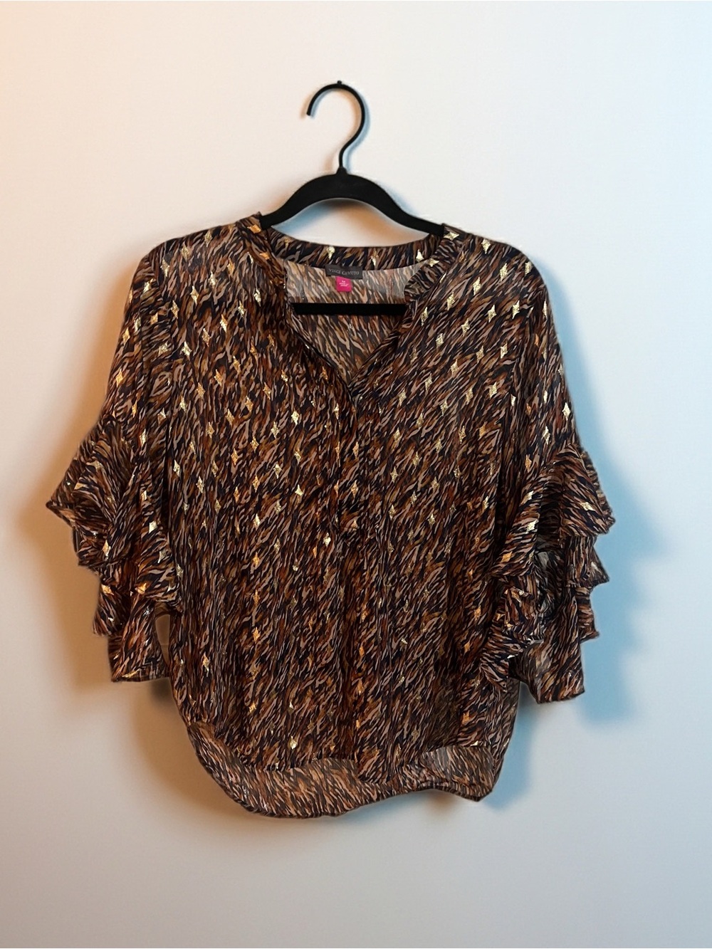 Vince Camuto Brown Shimmery Multi-Pattern Ruffled Sleeve Blouse